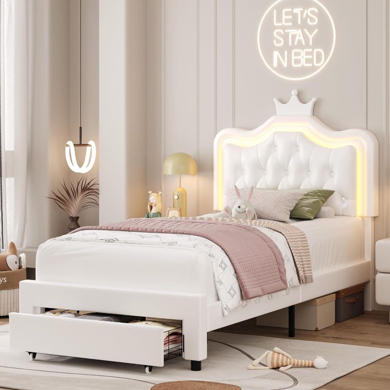 Photo 1 of  Twin Upholstered LED Bed Frame with Storage Drawer, Leather Princess Platform Bed with Adjustable Crystal Button Tufted Crown Headboard, Solid Wooden Slats Support, No Box Spring Needed, White