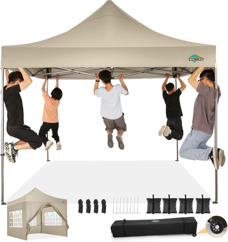 Photo 1 of ==SIMILAR==COBIZI 10x10 Pop Up Canopy Tent with 4 sidewalls Commercial Heavy Duty Canopy UPF 50+ All Weather Waterproof Outdoor Canopy Wedding Tents for Parties Gazebo with Roller Bag, Khaki (Windproof Upgraded)