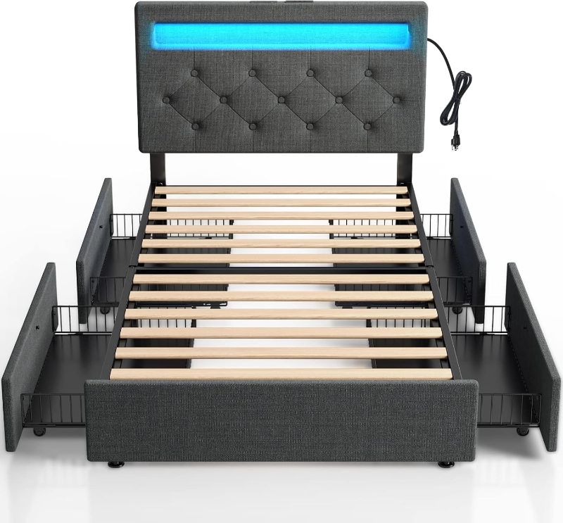 Photo 1 of == similar== Twin Size Bed Frame with Charging Station and LED Lights, Upholstered Bed with Adjustable Headboard and 4 Storage Drawers, No Box Spring Needed, Easy Assembly, Dark Gray