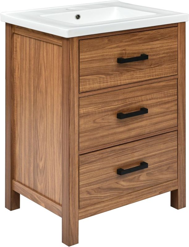 Photo 1 of ==missing piece== 24 Inches Bathroom Vanity with Sink Bathroom Vanity Cabinet with Ceramic Basin Sink Combo Set Modern Natural Wood Floor Standing Bathroom Vanities Storage Cabinet with Drawers, Natural