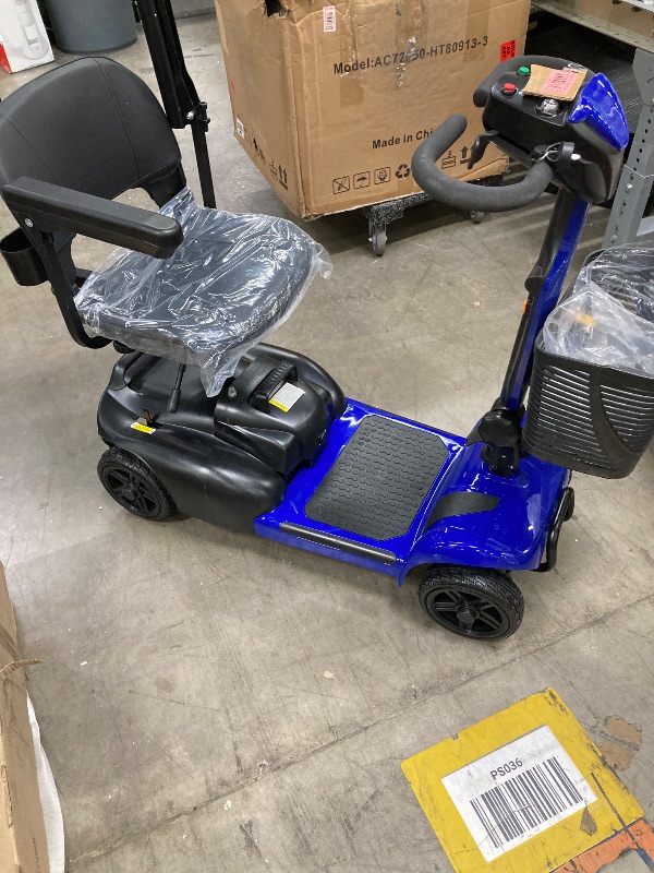 Photo 1 of ***HEADLIGHT WIRE CUT, ONLY ONE BASKET,SOME SCUFFS/SCRATCHES, NOT IN BOX, NOT IN PACKAGING***
SACVON 4 Wheels Mobility Scooter with Cane Holder for Seniors, Electric Folding Wheelchair Device for Travel, Blue