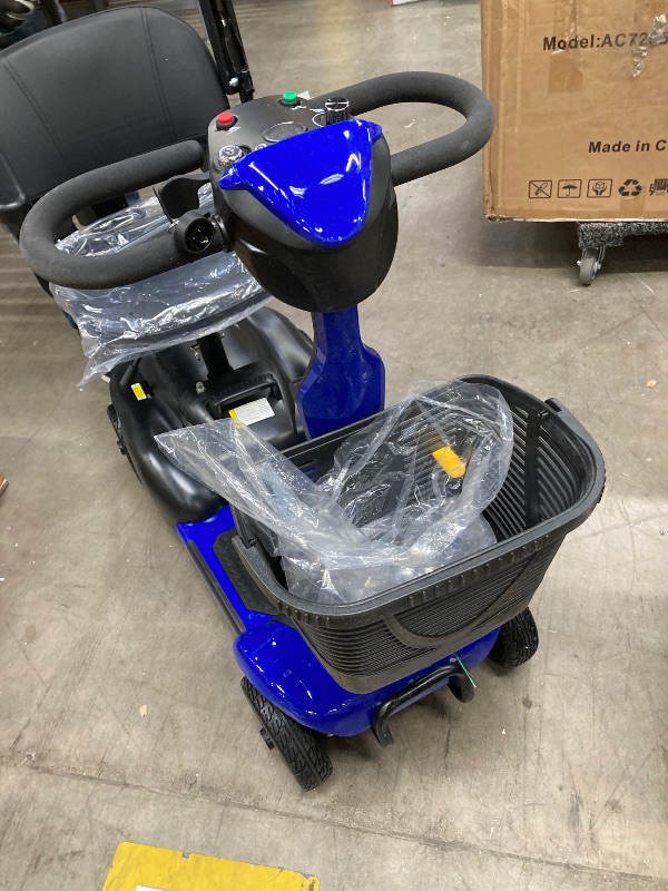 Photo 1 of ***HEADLIGHT WIRE CUT, ONLY ONE BASKET,SOME SCUFFS/SCRATCHES, NOT IN BOX, NOT IN PACKAGING***
SACVON 4 Wheels Mobility Scooter with Cane Holder for Seniors, Electric Folding Wheelchair Device for Travel, Blue