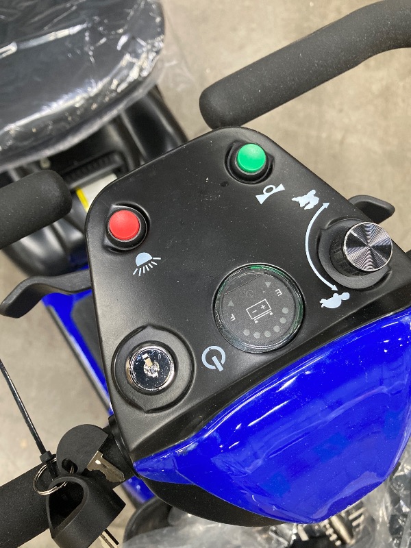 Photo 1 of ***HEADLIGHT WIRE CUT, ONLY ONE BASKET,SOME SCUFFS/SCRATCHES, NOT IN BOX, NOT IN PACKAGING***
SACVON 4 Wheels Mobility Scooter with Cane Holder for Seniors, Electric Folding Wheelchair Device for Travel, Blue
