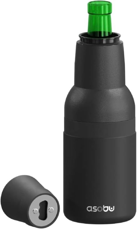 Photo 1 of Asobu Frosty Beer Holder 2 Go Vacuum Insulated Double Walled Stainless Steel Beer Can and Bottle Cooler with Beer Opener Eco Friendly and Bpa Free (Black)
