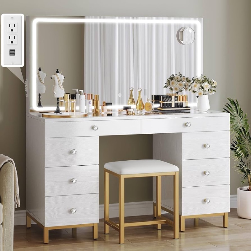 Photo 1 of ****HAS BROKEN PIECES****Desk with Large Mirror, Lights and Charging Station - Large Makeup Table Set with Magnifying Glass Drawers and 3 LED Light Modes, Upgraded