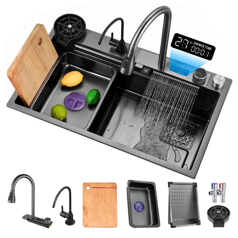 Photo 1 of Waterfall Kitchen Sink, 26.77" Single Bowl Drop In Kitchen Sink with Pull-Out Faucet, Thickened Stainless Steel Digital Display Kitchen Sink, Black