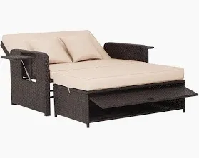 Photo 1 of ***MISSING PARTS/NO CUSHIONS/PARTS ONLY**Rattan Two-seat Patio Chaise with Storage and Extending Side Tables - Brown