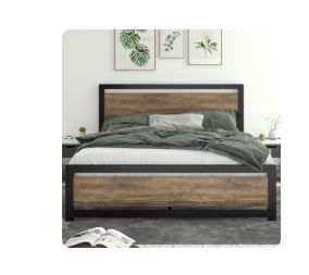 Photo 1 of Allewie Queen Bed Frame, Metal Platform Bed Frame with Wooden Headboard, 12.4" Under-Bed Storage, Brown