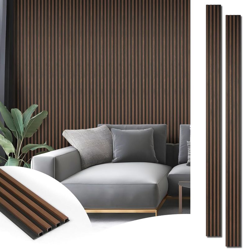 Photo 1 of Art3d 8-Pack WPC Wood Slat Wall Panel for Interior Wall Décor, 3D Wood Fluted Acoustic Wall Paneling for Living Room Bedroom Home & Office Accent Wall Decor - 96 x 6 Inch Walnut
