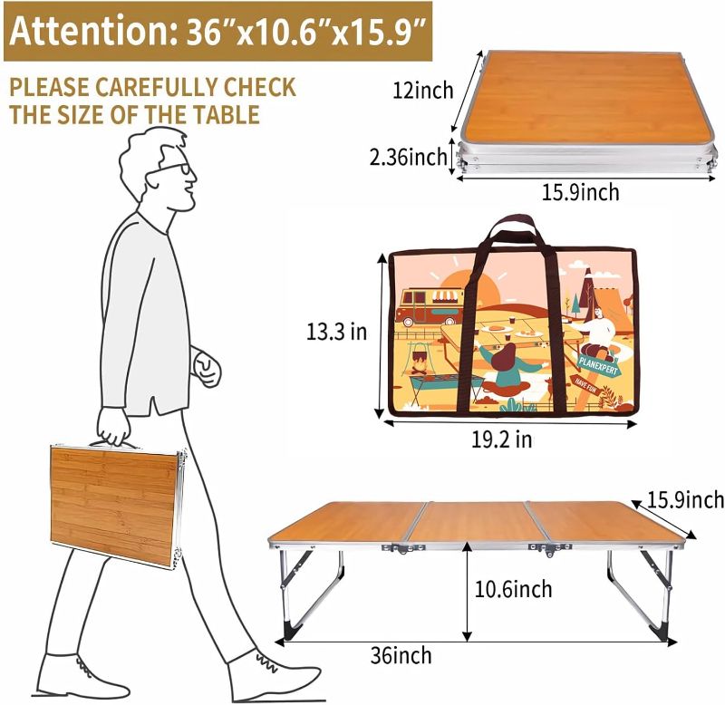 Photo 1 of (FAIR) PLANEXPERT Folding Camping Table,3 Feet Portable Outdoor Table with Aluminum Legs,3 Fold Lightweight Beach Table with Handle,Camping Accessories for Home Picnic BBQ Garden Cooking