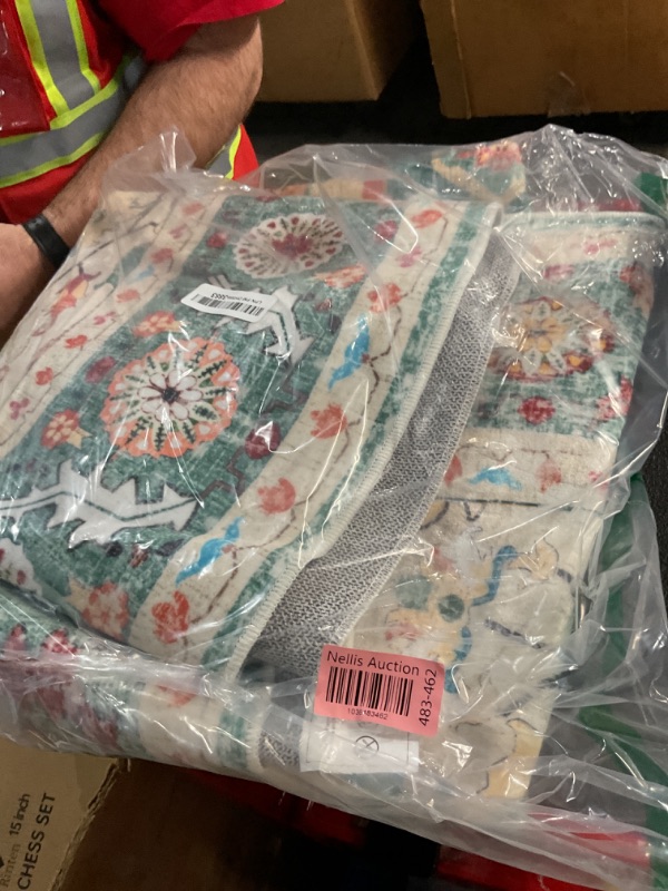 Photo 1 of Round Rug for Living Room 5Ft Round Washable Rug Boho Small Circle Kitchen Area Rug Non Slip Low Pile Circular Rugs Soft Round Carpet for Bedroom, Office, Kitchen Entryway, Bathroom (Cream/Green)