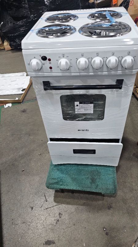 Photo 1 of Avanti ERU200P0W Electric Range Oven Compact Design, 2.1-Cu.Ft. Capacity with 4 Coil Burners, Framed Glass Door, Storage Drawer and Broiler with Pan, 20-Inch, White