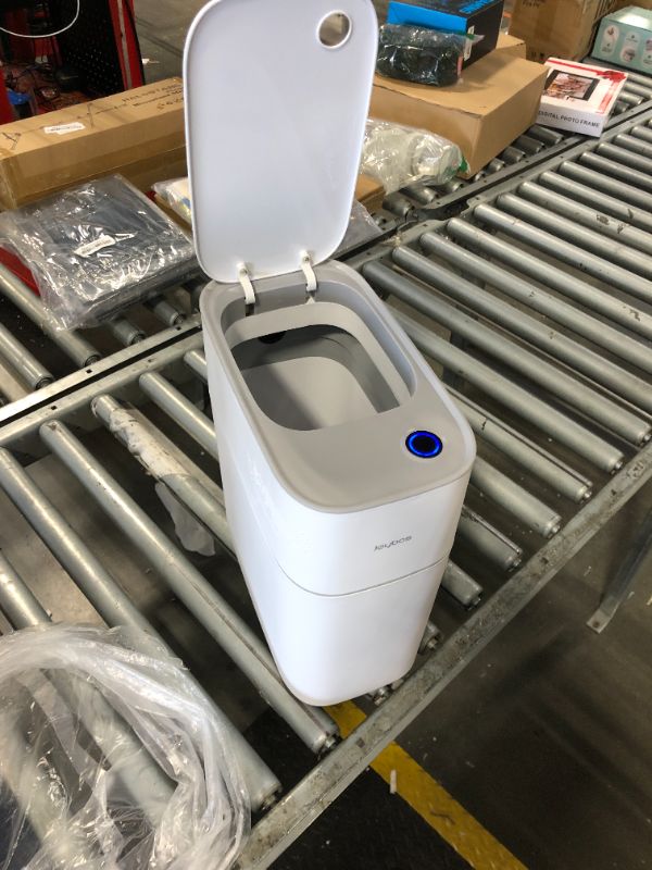 Photo 1 of ***sensor is not function well, lid is not open every time when close by, 1.5V AA batteries not include***JOYBOS Trash Can with Lid Automatic Garbage Can, 3.8 Gallon Slim Small White Plastic Smart Trash Bin, Narrow Motion Sensor for Bedroom, Bathroom, Toi