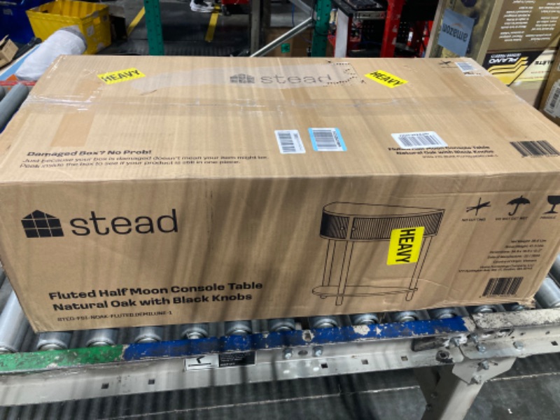 Photo 1 of Fluted Half Moon Console Table - Small Entry Desk - Living Room Furniture - Modern Home Decor - Solid Wood Entryway Table with Two Doors and Black Knobs (Natural Oak)