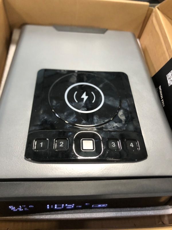 Photo 1 of Grimtron Biometric Gun Safe for Handgun, Smart Clock Safe with 2-in-1 Watch & Phone Wireless Charging, Bedside Pistol Safe with Backlit Keypad, Nightstand Handgun Safe with LED Light