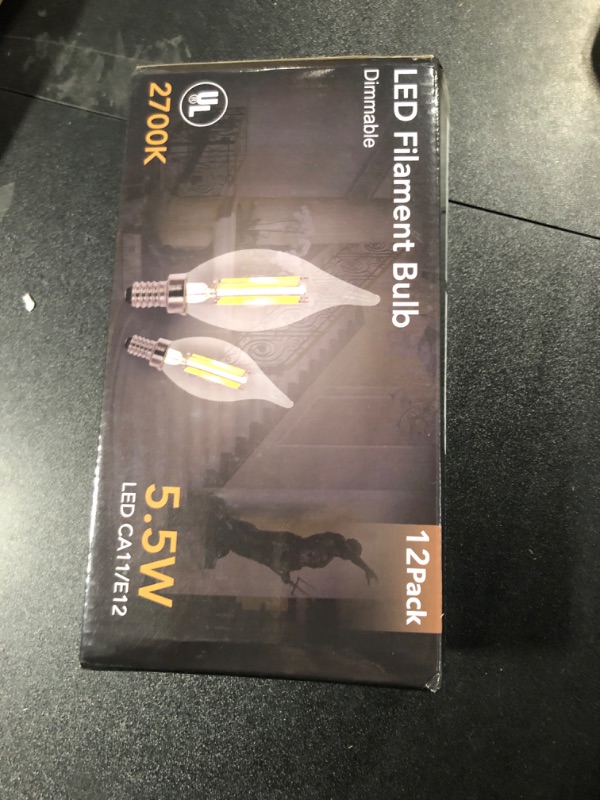 Photo 1 of TJOY LED Candelabra Bulb Dimmable, 60W Equivalent LED Chandelier Light Bulbs, 5.5W 2700K Warm White 600LM CA11 Flame Tip Vintage Filament Candle Light with Decorative E12 Candelabra Base, 12 Pack