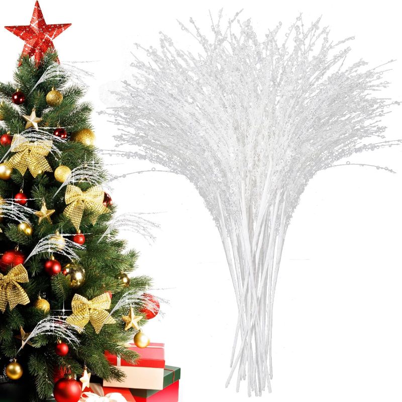 Photo 1 of Hiboom 20 Pcs Glitter Christmas Picks Christmas Tree Decorative Stem Picks Artificial Glitter Stem Flower Arrangements for Christmas Tree Xmas Party Wedding Vase Decorations 21.6 Inch (White)