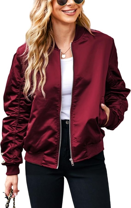 Photo 1 of ACEVOG Bomber Jacket Women Zip Up Casual Jackets Coat Oversized with Pockets Fall Outfits SIZE L