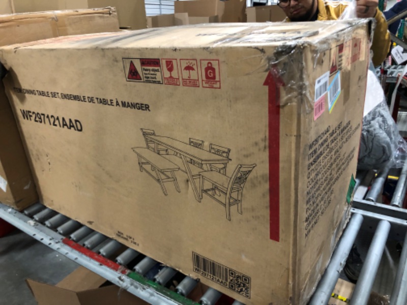 Photo 1 of WOZNLA Piece Wood Counter Height Dining 6, Rustic Style Kitchen Table Set with Bench and 4 Chairs, Walnut+Beige Cushion, 60" x 30"