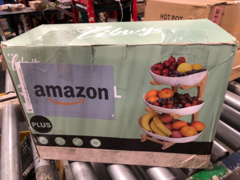 Photo 1 of SEVEN SPARTA 3 Tier Fruit Bowl for Kitchen Counter (PLUS edition) / Ceramic Serving Bowls with Bamboo Stand/Big Size Tiered Fruit Basket for Fruit Vegetable Storage, Dessert, Salad Buffet Server