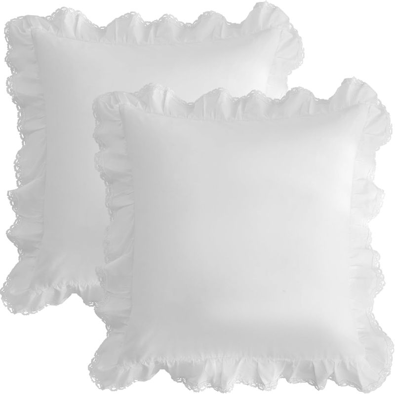 Photo 1 of 100% Lightweight Cotton Ruffled Throw Plillow Shams, Crochet Edge Square Cushion Cover, Euro 26"×26" Throw Pillow Covers, Set of 2, for Bed, Sofa, Couch (Bright White)
