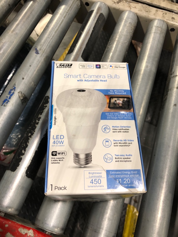 Photo 1 of Feit Electric Smart Rotating Light Bulb with Wireless Camera, Motion Sensor, Night Vision, and 2-Way Speaker, 40W Equivalent, E26 Base, 5000K Daylight, 15,000-Hour Lifetime, A450/850/CAMWIFI/LED