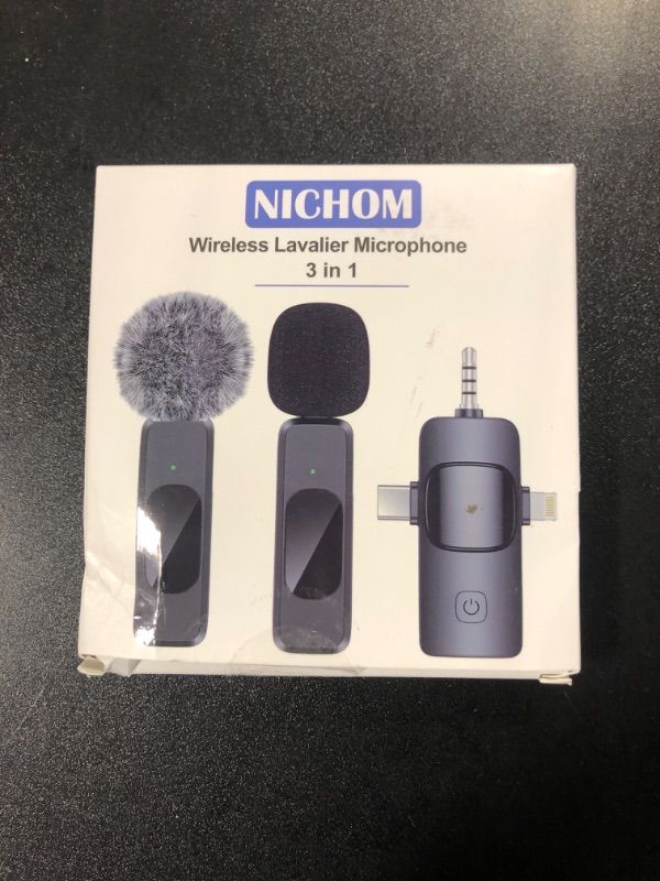 Photo 2 of NICHOM 3 in 1 Wireless Lavalier Microphone for iPhone/iPad/Android/PC/Camera,Mini Microphone with Noise Reduction, Mini Microphone for Video Vlog,Interviews,Live Streaming(Lightning/USB C/3.5mm Jack)