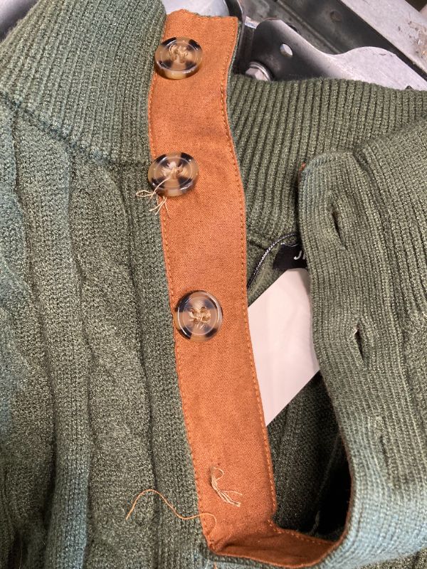 Photo 4 of ****1 BUTTON IS MISSING*** JMIERR Sweaters for Men Soft Cable Knit Casual Long Sleeve Vintage Slim Fit Stand Collar Button Pullover Sweater, L, Green