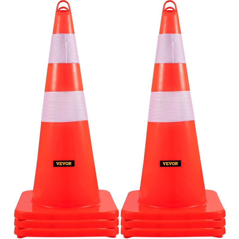 Photo 1 of , 6 x 28" Traffic Cones, PVC Orange Construction Cones, 2 Reflective Collars Traffic Cones with Weighted Base and Hand-