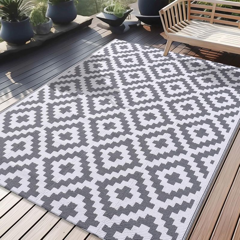 Photo 1 of ***Plastic Straw Rug*** LANLY Waterproof Outdoor Rug 5x8 ft, Plastic Straw Rug for Camping, RV Mat Outside, Outdoor Carpet for Porch, Deck, Backyard, Balcony, Picnic, Grey & White