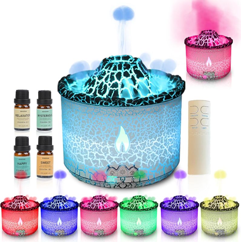 Photo 1 of ***MISSING ITEMS*** BOHOFAM Essential Oil Diffuser 360ML,Volcano and Flame Diffuser/Humidifier 2 Mode,Diffusers for Home with 7 Colorful Light,Included 4 Hotel Collection Diffuser Oil for Bedroom(White Translucent)