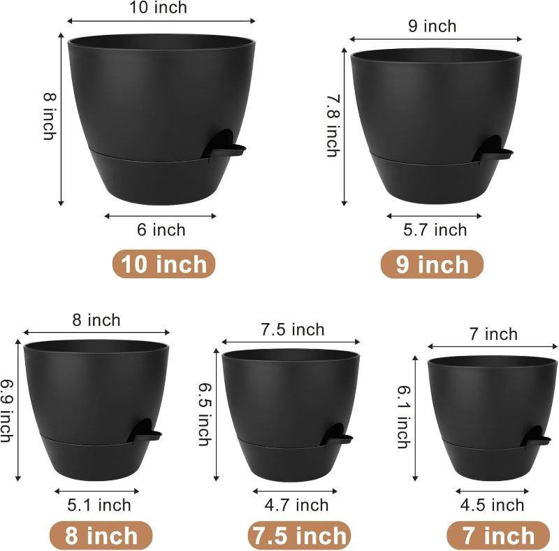 Photo 3 of (FAIR) QRRICA Plant Pots 10/9/8/7.5/7 Inch Self Watering Pots, Set of 5 Plastic Planters with Drainage Holes and Saucers,Plastic Flower Pots,Nursery Planting Pot for Indoor Out Door Plants(All Black)