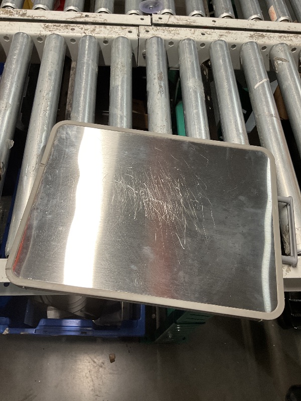 Photo 1 of **MINOR DAMAGE**Stainless Steel Cutting Board, Double Sided Cutting Board for Kitchen, Heavy Duty Bamboo Wood Cutting Board with Juice Groove, Non Toxic Chopping Board for Meat, Large Charcuterie Board, 16" x 12"