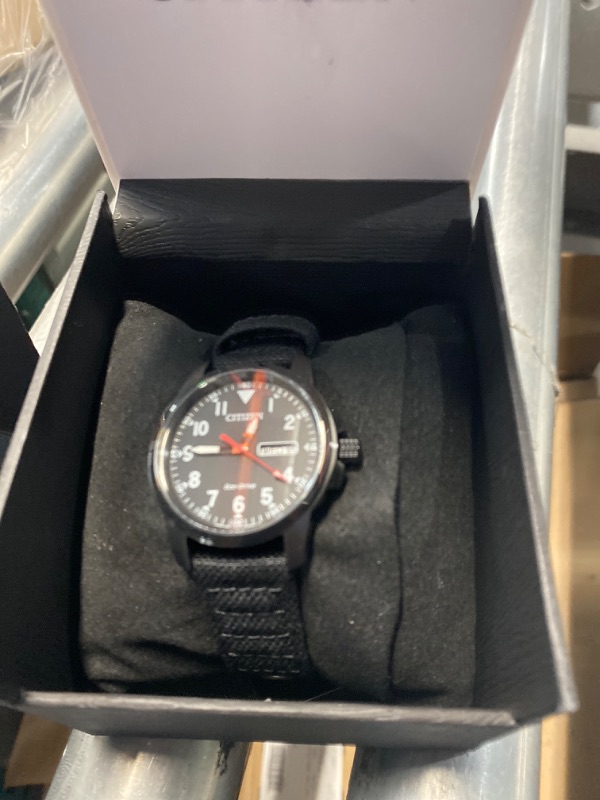 Photo 1 of Citizen Men's Eco-Drive Weekender Garrison Field Watch in IP Stainless Steel with Nylon Strap, Black Dial (Model: BM8186-15E)