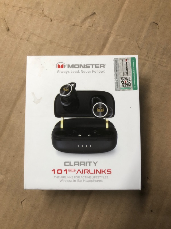 Photo 2 of **DO NOT TURN ON**Monster Clarity 101Plus AirLinks Wireless Earbuds, Bluetooth 5.0 in-Ear Headphones with Charging Case, Stereo Earphones Deep Bass Sound, Built-in Mic, Clear Call, Water Resistant Design for Sports.