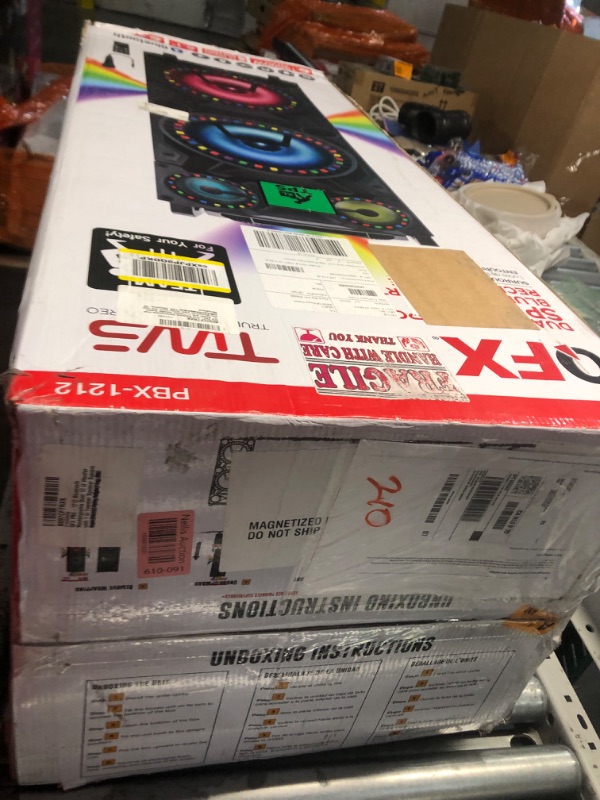 Photo 1 of **SEE NOTES ***QFX PBX-1212 Bluetooth Rechargeable Dual 12” Woofer with 1” Tweeter Speaker System with Microphone Input, Guitar Input, Aux Input, USB Port, SD Card Port, TWS, Recording, FM Radio, LED Party Lights