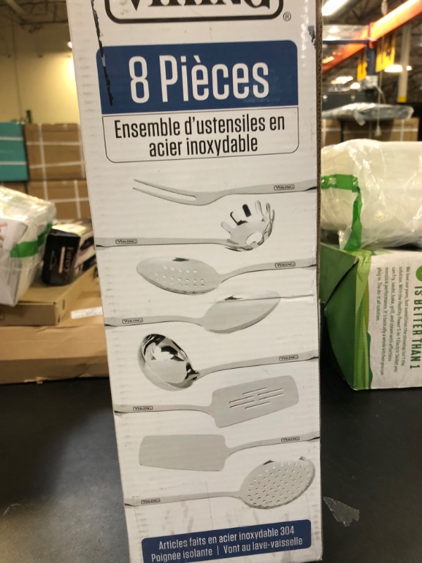 Photo 1 of Viking Kitchen Utensils Set, 8 Piece Stainless Steel Cooking Utensil Set, Includes Spatulas, Spoons, Pasta Fork, Deep Ladle, Meat Fork, and Skimmer, Silver
