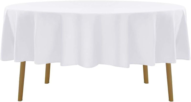 Photo 1 of Round Tablecloth 90 Inch White Table Cloth for Round Tables, Washable Polyester Fabric  