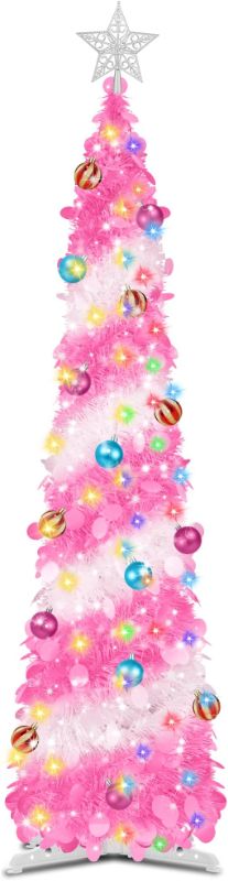 Photo 1 of 5 Ft Pop Up Christmas Tinsel Tree with Timer Warm White & Multi Color Change Lights Battery Operated Green Pencil Christmas Slim Tree with 15 Ball Ornaments & Star Xmas Decor Home Indoor Holiday Party OPENED PKG
