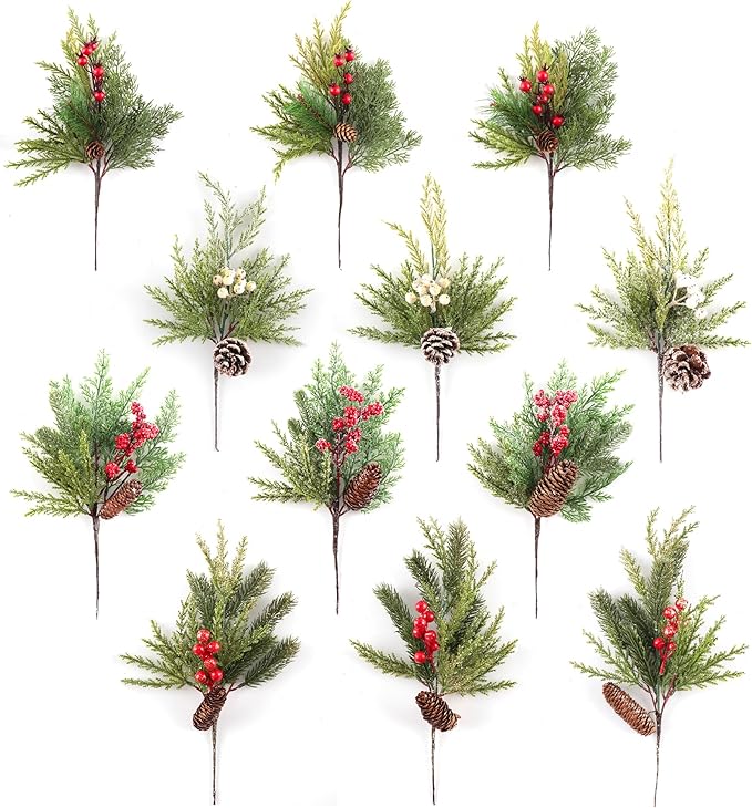 Photo 1 of 12 PCS Artificial Christmas Picks, Mixed Evergreen Sprigs, Country Themed Small Size with Red Berries, Pine Cones, Snow Flocked, Gold Powder, Sprig Wrapped in Brown Felt Tape(4 Designs, 14 in) OPENED PKG
