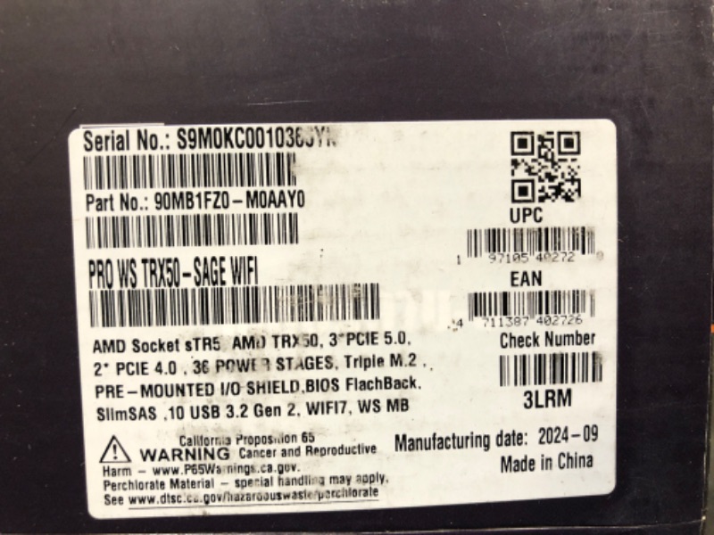 Photo 3 of ASUS Pro WS TRX50-SAGE WIFI CEB Workstation motherboard, AMD Ryzen Threadripper PRO 7000 WX,ECC R-DIMM DDR5, 36 power-stage, WiFi 7,PCIe 5.0 x 16,PCIe 5.0 M.2, 10 Gb and 2.5 Gb LAN, multi-GPU support.