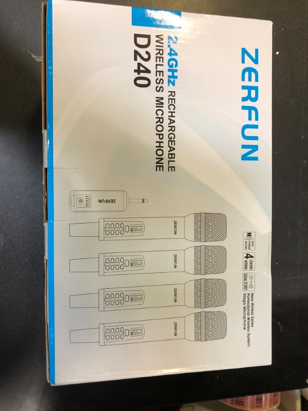 Photo 1 of ZERFUN Rechargeable Wireless Microphones 4, Pro Handheld Cordless Mics System Dynamic with Echo Treble BASS VOL Control for Karaoke Singing Church Party, 1/4'' Output, D240, Black