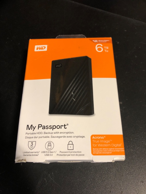 Photo 2 of WD 6TB My Passport, Portable External Hard Drive, Black, Backup Software with Defense Against ransomware, and Password Protection, USB 3.1/USB 3.0 Compatible - WDBR9S0060BBK-WESN