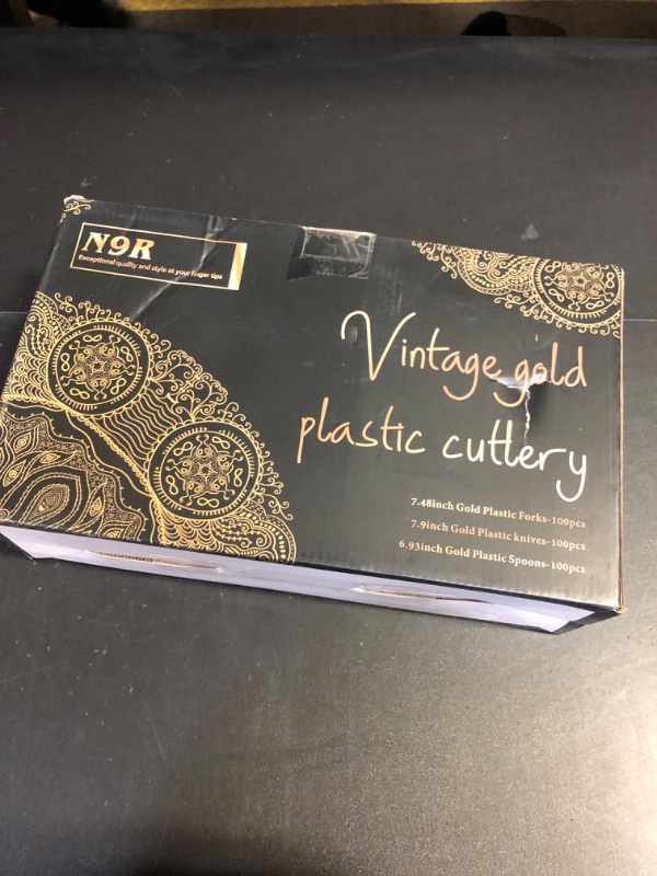 Photo 1 of N9R 300pcs Gold Plastic Silverware Dinnerware Flatware- Heavyweight Gold Plastic Cutlery Set, 100 Gold Forks, 100 Gold Spoons, 100 Gold Knives, Gold Utensils for Party, Weeding and Christmas