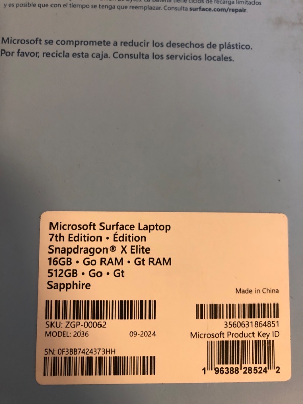 Photo 5 of Microsoft Surface Laptop (2024), Windows 11 Copilot+ PC, 13.8" Touchscreen Display, Snapdragon X Elite (12 core), 16GB RAM, 512GB SSD Storage, Sapphire***package damaged during shipping**FACTOPRY SEALED