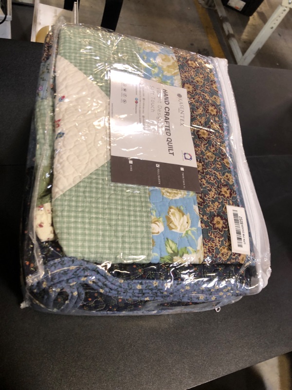 Photo 2 of KASENTEX Authentic 100% Cotton Easy-Clean Luxurious Soft Royal Blue Floral – Coastal Embroidery Patchwork Quilt Oversized Bedspread – Machine Washable, Full/Queen 90x96”, Coastal Blue