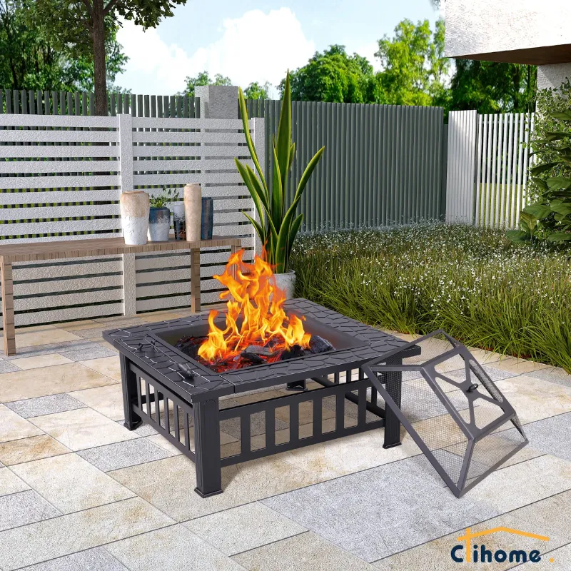 Photo 1 of Fire Pit Outdoor Fire Pits with Heat-Resistant Coating Iron Tabletop Outdoor Wood Burning with Spark Screen Cover and Poker
