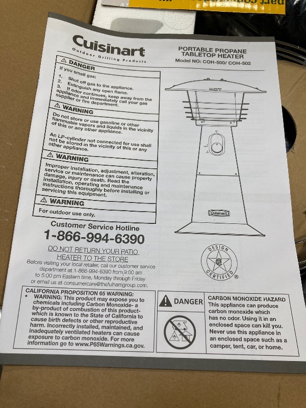 Photo 2 of Cuisinart COH-500 Portable Tabletop Patio, 11,000 BTU Outdoor Propane Heater with Safety Tilt Switch and Burner Screen Guard, 100 sq. Foot Heat Range, Black