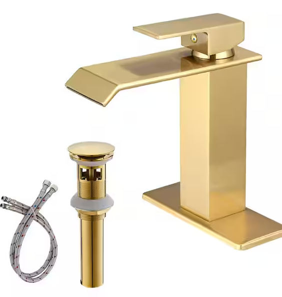 Photo 1 of Waterfall Single Hole Single-Handle Low-Arc Bathroom Faucet With Pop-up Drain Assembly in Brushed Gold