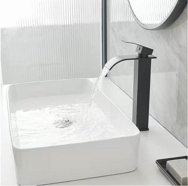 Photo 1 of Waterfall Single Hole Single Handle Tall Bathroom Vessel Sink Faucet With Supply Hose in Matte Black